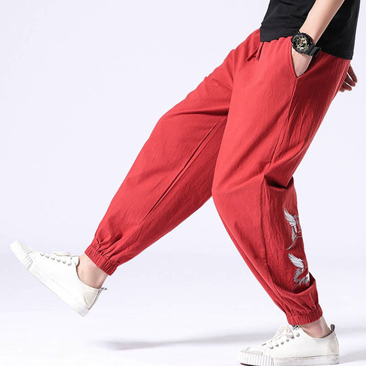 Pantalon sarouel pour homme avec cordon de serrage et poches, motif brodé de grue blanche et Buddha Stones - image 17
