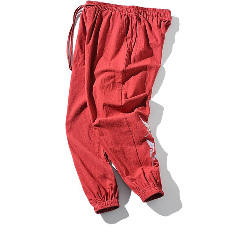 Pantalon sarouel pour homme avec cordon de serrage et poches, motif brodé de grue blanche et Buddha Stones - image 20