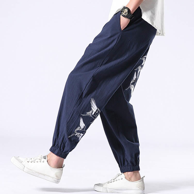 Pantalon sarouel pour homme avec cordon de serrage et poches, motif brodé de grue blanche et Buddha Stones - image 25