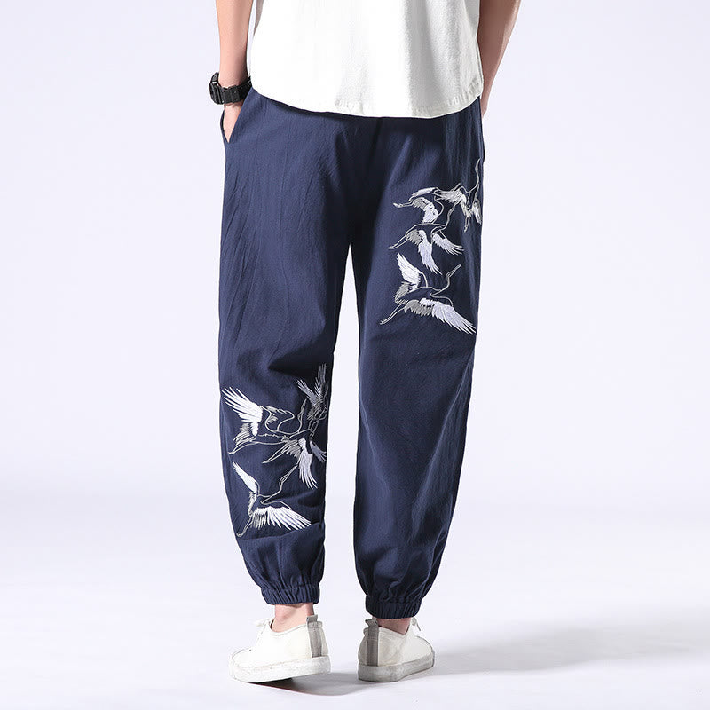 Pantalon sarouel pour homme avec cordon de serrage et poches, motif brodé de grue blanche et Buddha Stones - Bleu acier - US/UK/AU42，EU52 (3XL) - image 22