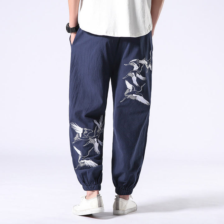 Pantalon sarouel pour homme avec cordon de serrage et poches, motif brodé de grue blanche et Buddha Stones - Bleu acier - US/UK/AU42，EU52 (3XL) - image 22