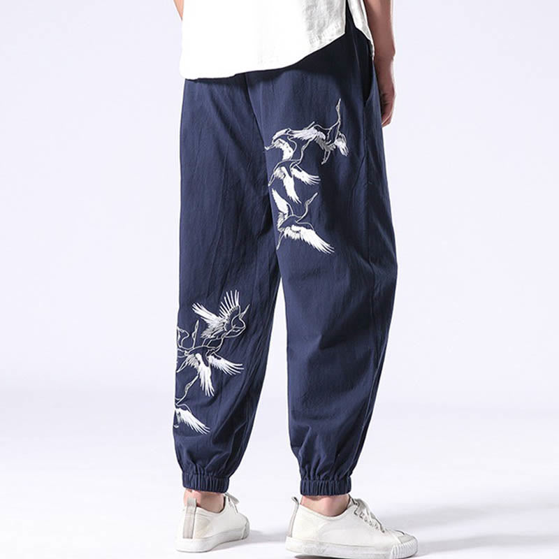 Pantalon sarouel pour homme avec cordon de serrage et poches, motif brodé de grue blanche et Buddha Stones - image 23
