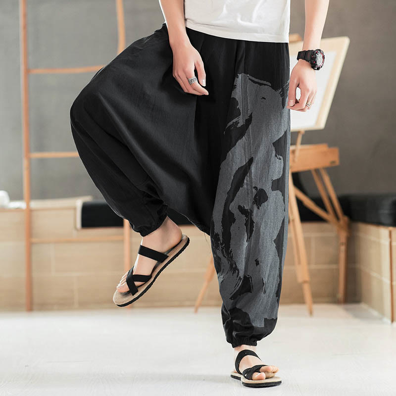 Pantalon sarouel en coton pour homme avec poches et calligraphie simple avec Buddha Stones - image 5
