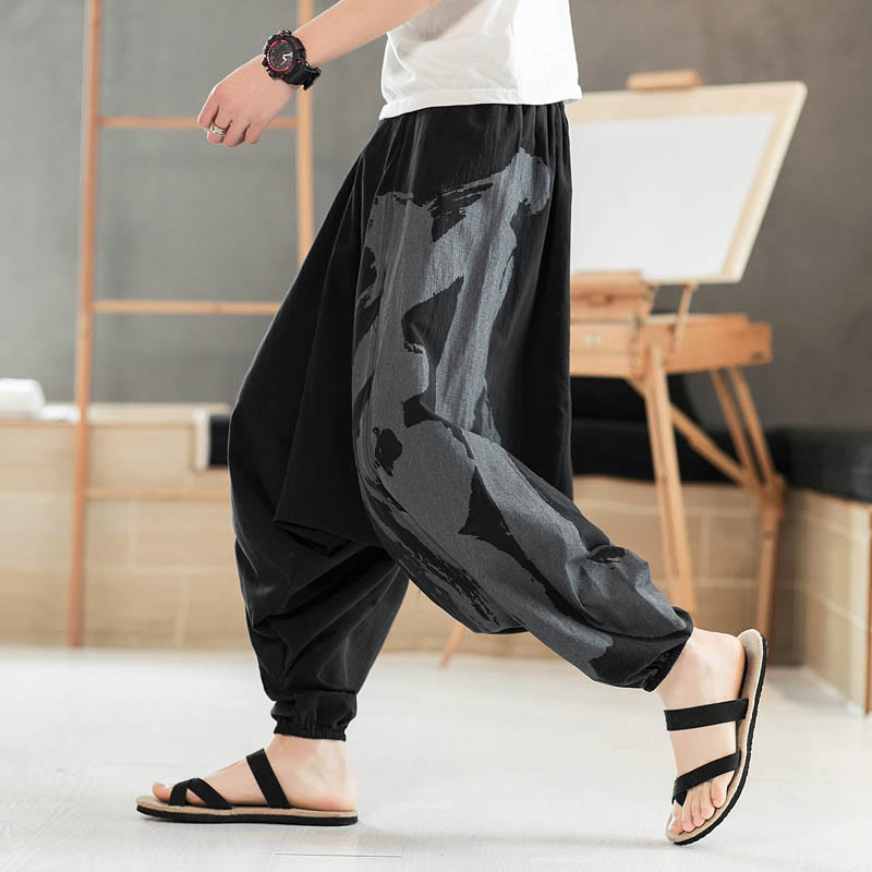Pantalon sarouel en coton pour homme avec poches et calligraphie simple avec Buddha Stones - Noir - US/UK/AU46，EU56 (5XL) - image 0