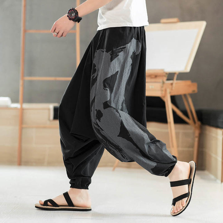 Pantalon sarouel en coton pour homme avec poches et calligraphie simple avec Buddha Stones - Noir - US/UK/AU46，EU56 (5XL) - image 0