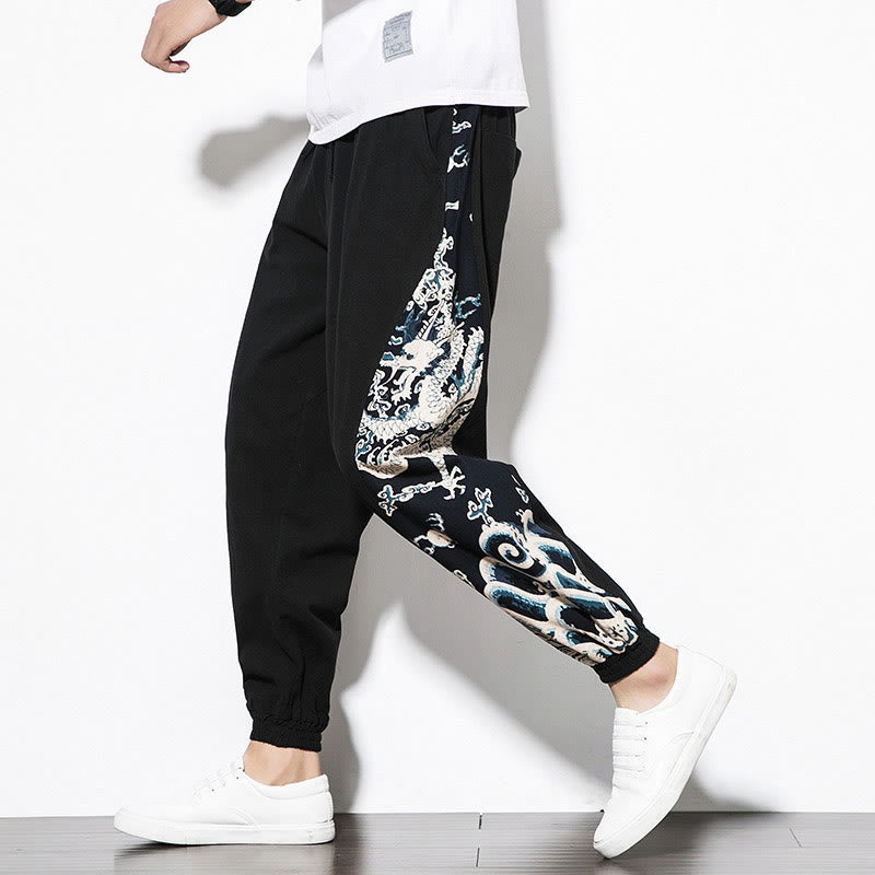Pantalon en coton pour homme avec poches Buddha Stones Summer Dragon Waves - Noir - US/UK/AU46，EU56 (5XL)  - image 9