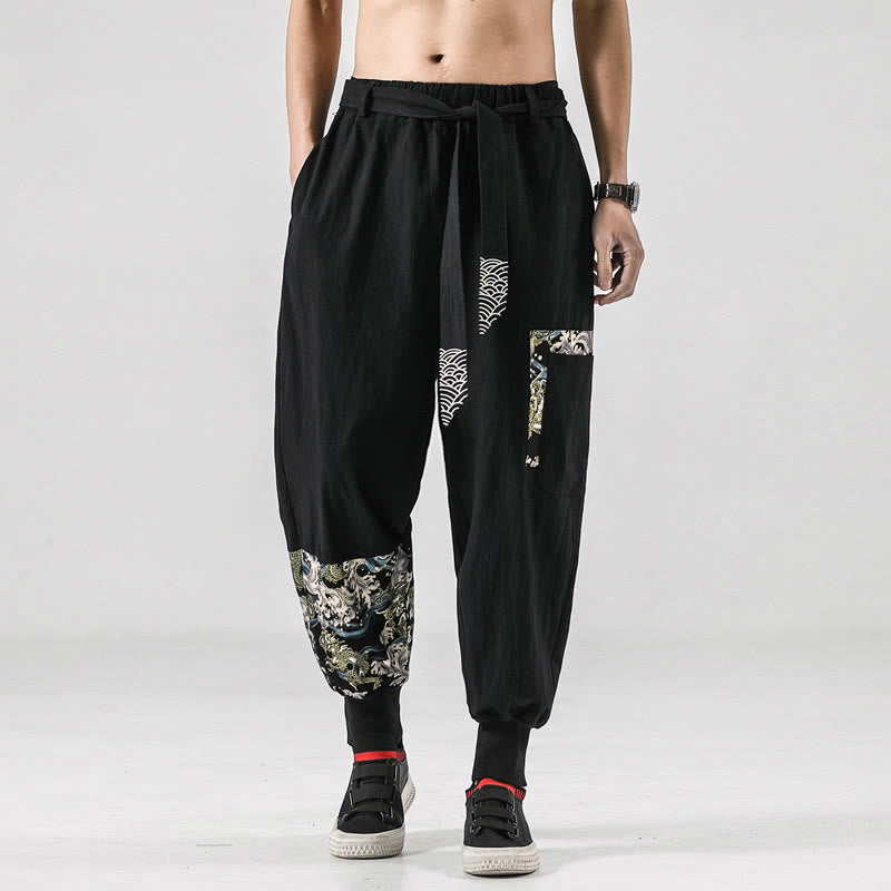 Pantalon sarouel à lacets en coton pour homme avec poches et motif vagues de l'océan et Buddha Stones - image 9