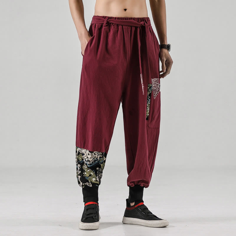 Pantalon sarouel à lacets en coton pour homme avec poches et motif vagues de l'océan et Buddha Stones - Rouge indien - US/UK/AU46，EU56 (5XL)  - image 14