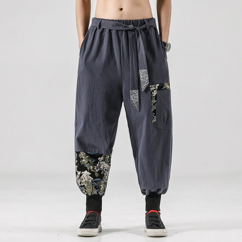 Pantalon sarouel à lacets en coton pour homme avec poches et motif vagues de l'océan et Buddha Stones - Gris clair - US/UK/AU46，EU56 (5XL)  - image 22