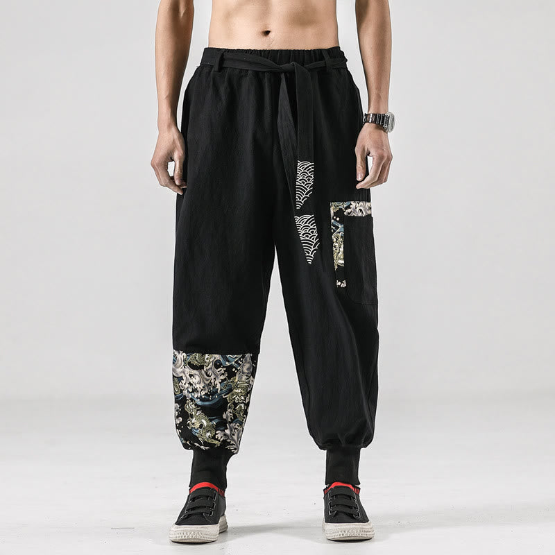Pantalon sarouel à lacets en coton pour homme avec poches et motif vagues de l'océan et Buddha Stones - Noir - US/UK/AU46，EU56 (5XL)  - image 0