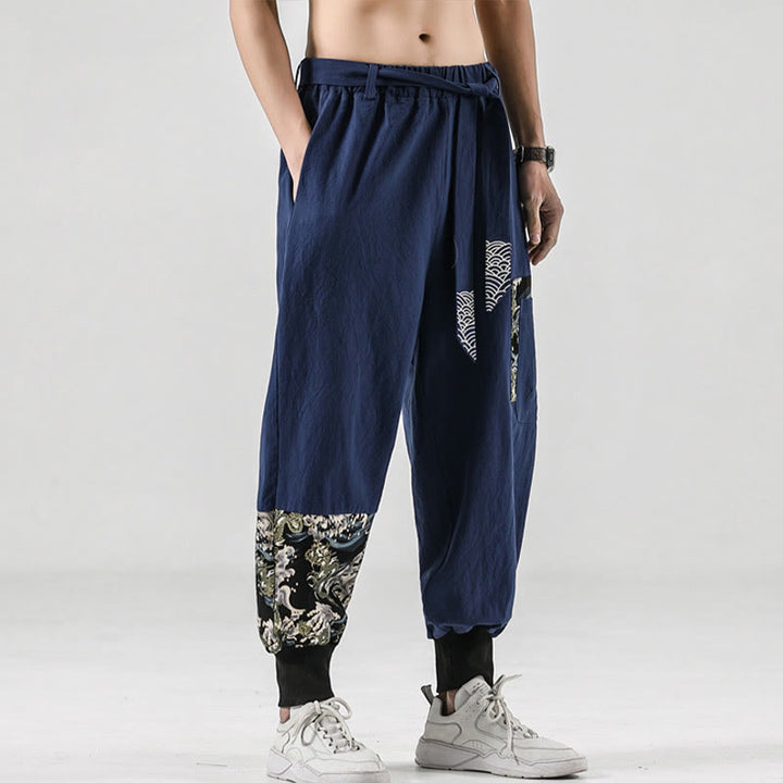 Pantalon sarouel à lacets en coton pour homme avec poches et motif vagues de l'océan et Buddha Stones - Bleu acier - US/UK/AU46，EU56 (5XL)  - image 30