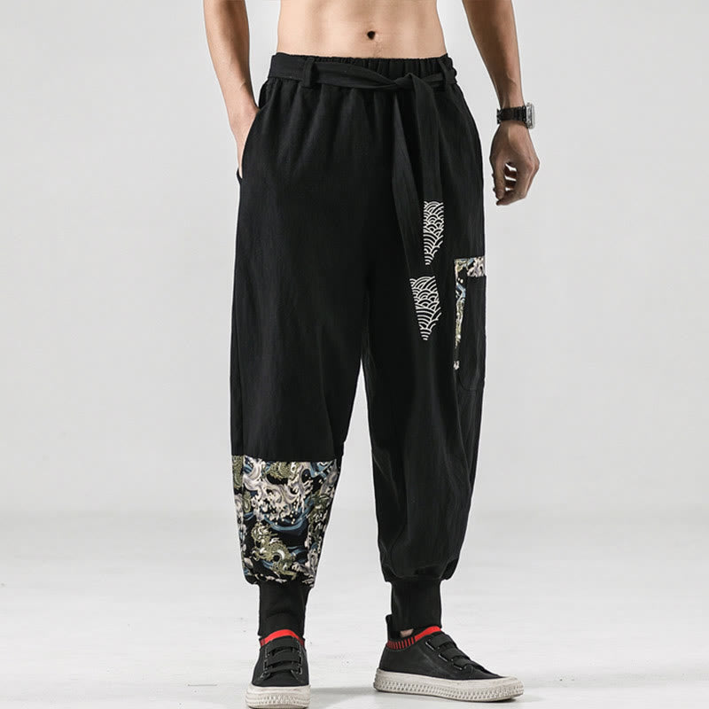 Pantalon harem pour homme à lacets avec poches, motif vagues de l'océan et Buddha Stones - image 7