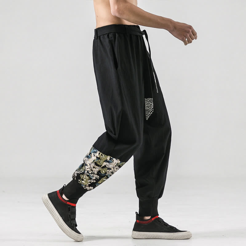 Pantalon sarouel à lacets en coton pour homme avec poches et motif vagues de l'océan et Buddha Stones - image 6