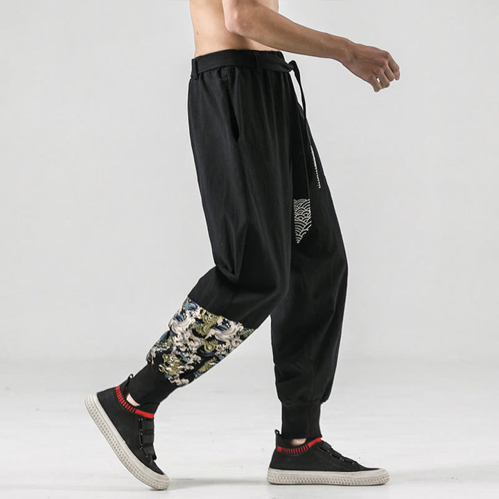 Pantalon sarouel à lacets en coton pour homme avec poches et motif vagues de l'océan et Buddha Stones - image 6