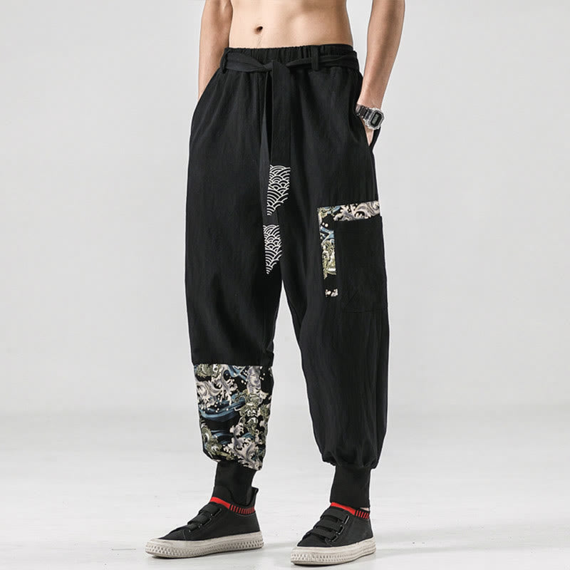 Pantalon sarouel à lacets en coton pour homme avec poches et motif vagues de l'océan et Buddha Stones - image 4