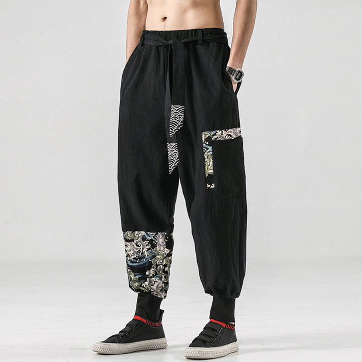 Pantalon sarouel à lacets en coton pour homme avec poches et motif vagues de l'océan et Buddha Stones - image 4