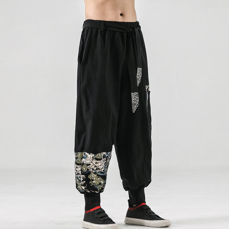 Pantalon sarouel à lacets en coton pour homme avec poches et motif vagues de l'océan et Buddha Stones - image 1