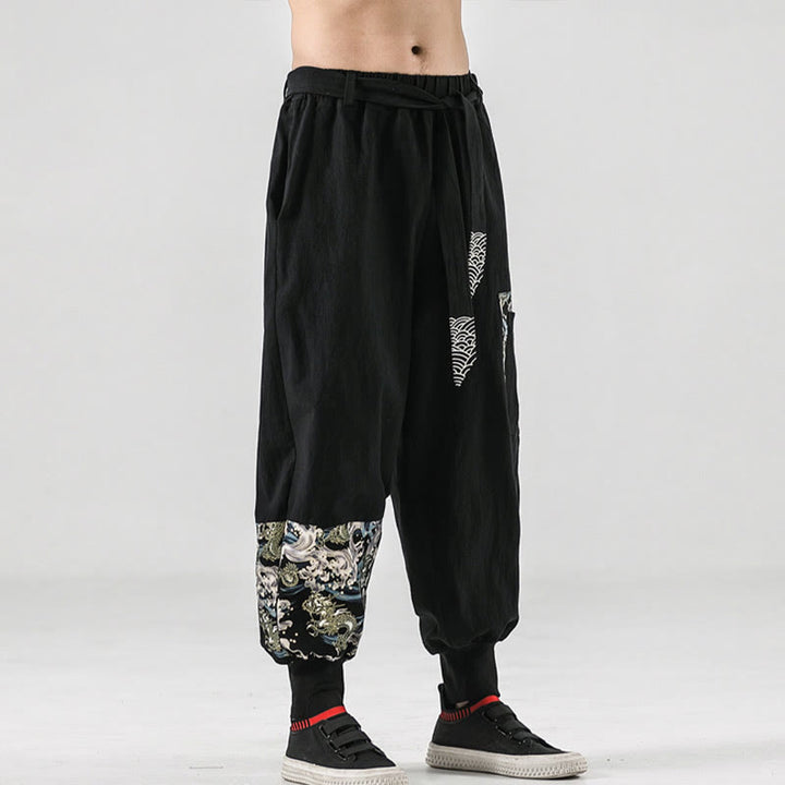 Pantalon sarouel à lacets en coton pour homme avec poches et motif vagues de l'océan et Buddha Stones - image 1