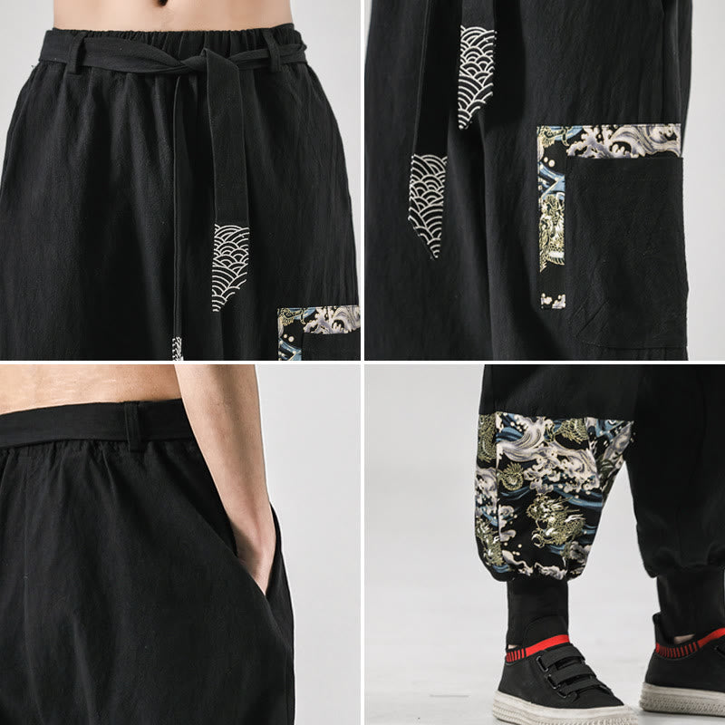 Pantalon sarouel à lacets en coton pour homme avec poches et motif vagues de l'océan et Buddha Stones - image 5