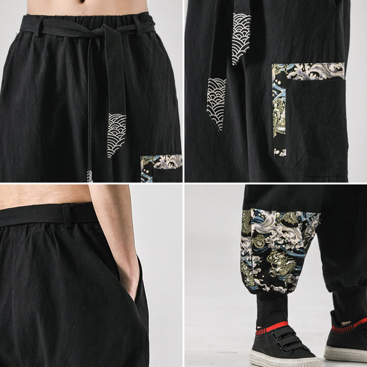 Pantalon sarouel à lacets en coton pour homme avec poches et motif vagues de l'océan et Buddha Stones - image 5