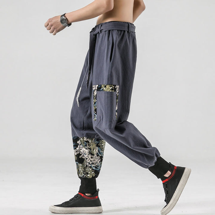 Pantalon sarouel à lacets en coton pour homme avec poches et motif vagues de l'océan et Buddha Stones - image 26