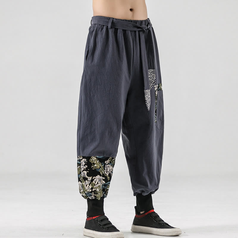 Pantalon sarouel à lacets en coton pour homme avec poches et motif vagues de l'océan et Buddha Stones - image 23