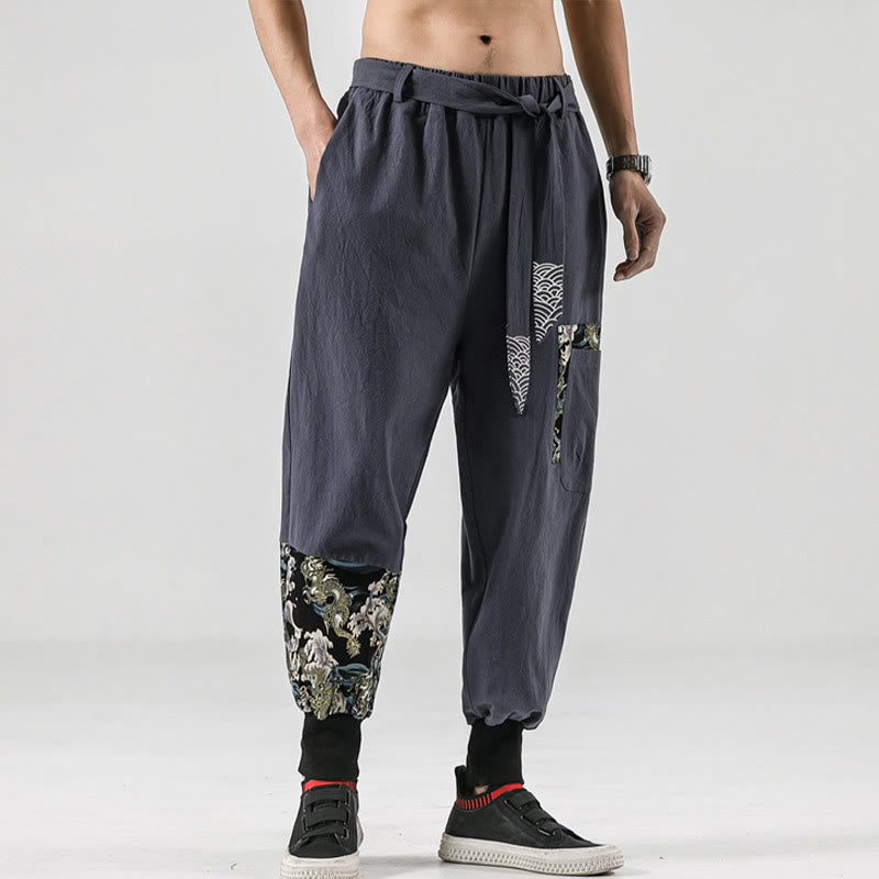 Pantalon sarouel à lacets en coton pour homme avec poches et motif vagues de l'océan et Buddha Stones - image 28