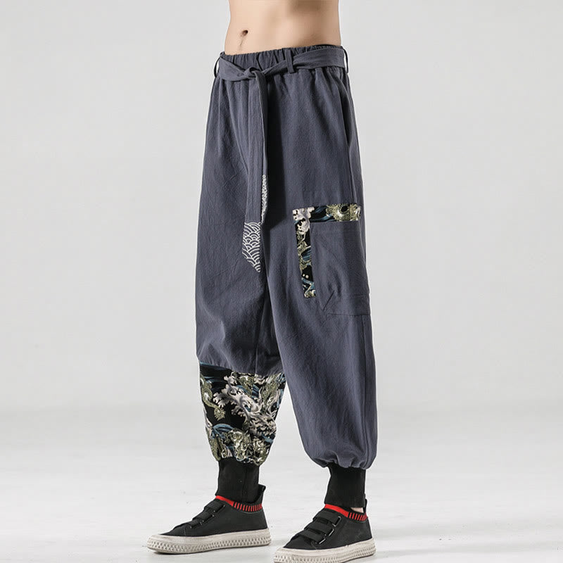 Pantalon sarouel à lacets en coton pour homme avec poches et motif vagues de l'océan et Buddha Stones - image 27