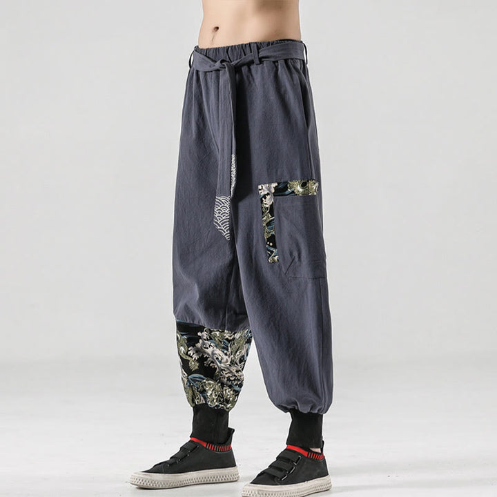 Pantalon sarouel à lacets en coton pour homme avec poches et motif vagues de l'océan et Buddha Stones - image 27
