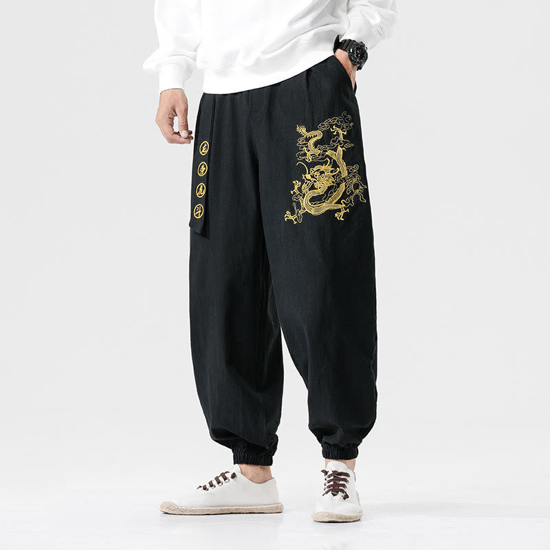 Pantalon en coton pour homme avec poches Motif Buddha Stones Nuages ​​de bon augure Dragon - Noir - US/UK/AU46，EU56 (5XL) - image 0