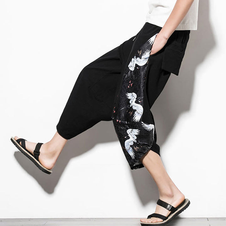 Pantalon sarouel court en coton à imprimé grue blanche Buddha Stones pour homme avec poches - image 8