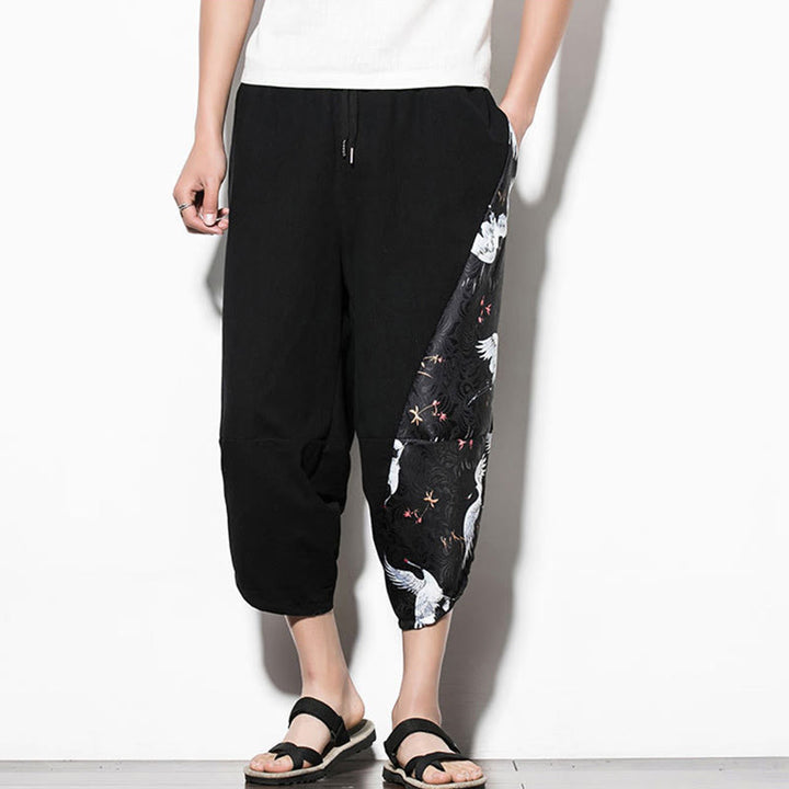 Pantalon sarouel court en coton à imprimé grue blanche Buddha Stones pour homme avec poches - image 6
