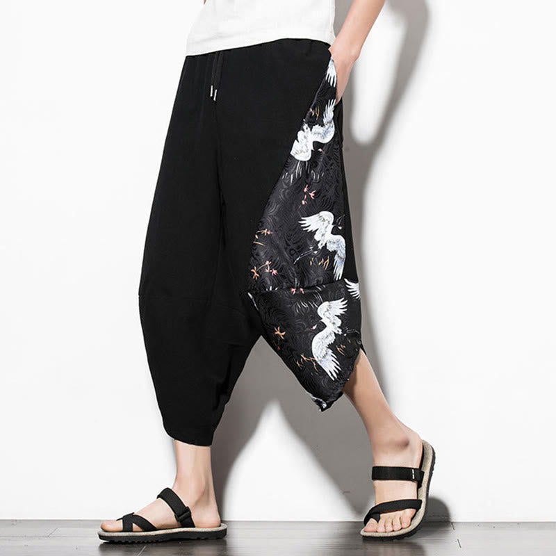 Pantalon sarouel court en coton à imprimé grue blanche Buddha Stones pour homme avec poches - image 1