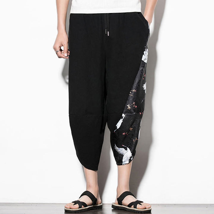 Pantalon sarouel court en coton à imprimé grue blanche Buddha Stones pour homme avec poches - image 2