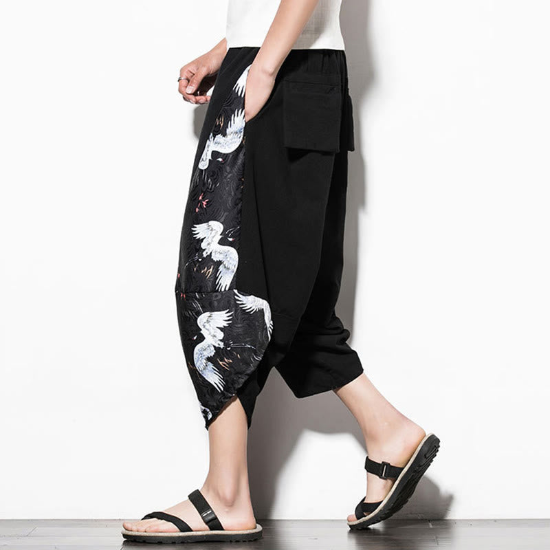 Pantalon sarouel court en coton à imprimé grue blanche Buddha Stones pour homme avec poches - image 7