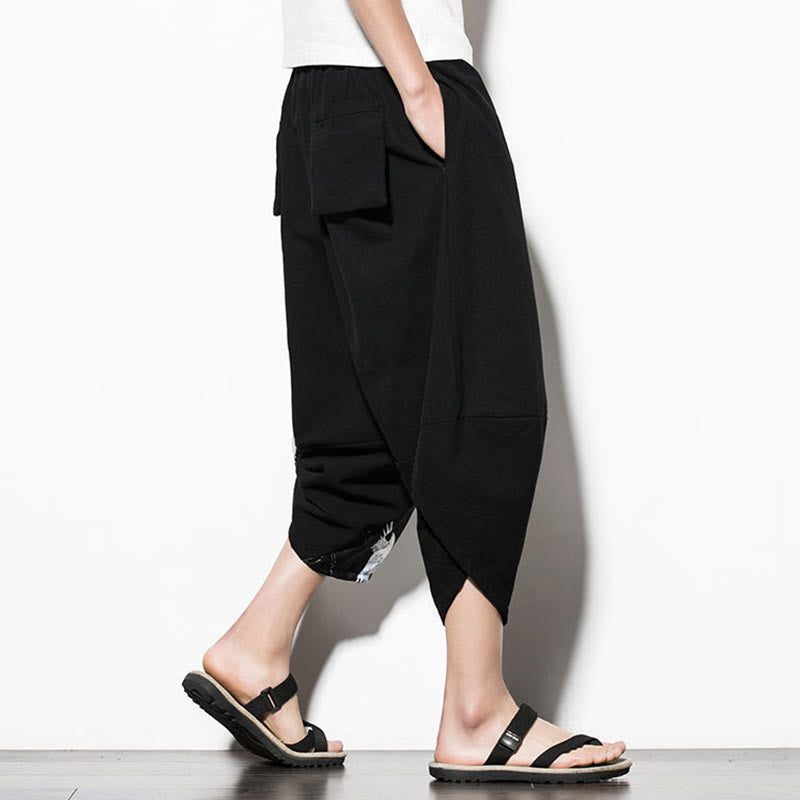 Pantalon sarouel court en coton à imprimé grue blanche Buddha Stones pour homme avec poches - image 3