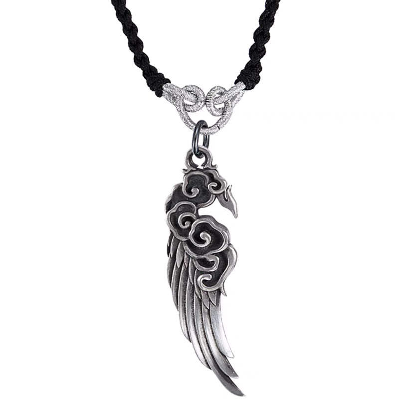 Collier pendentif en corde de coton et peau de cerf avec ailes de nuages de bon augure en argent sterling 925 et Buddha Stones