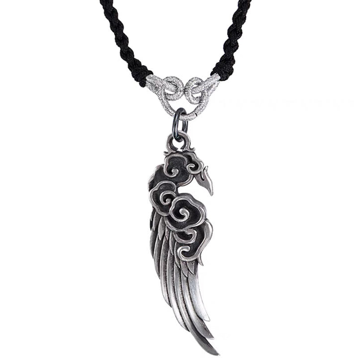 Collier pendentif en corde de coton et peau de cerf avec ailes de nuages de bon augure en argent sterling 925 et Buddha Stones