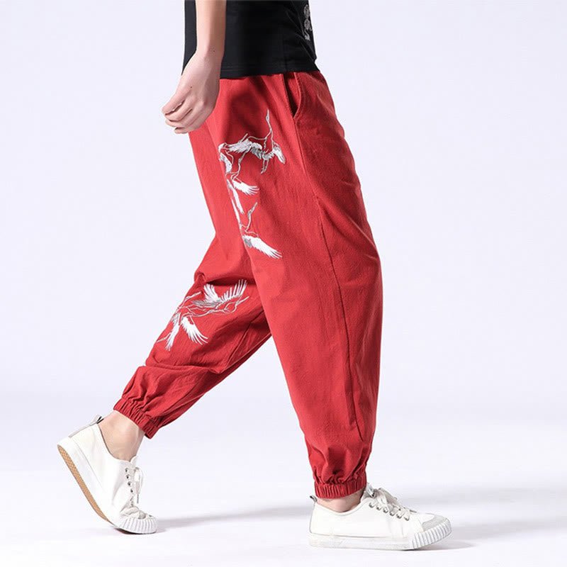 Pantalon sarouel pour homme avec cordon de serrage et poches, motif brodé de grue blanche et Buddha Stones - image 15