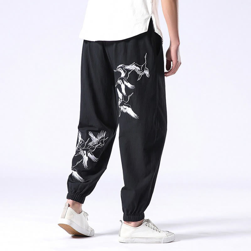 Pantalon sarouel pour homme avec cordon de serrage et poches, motif brodé de grue blanche et Buddha Stones - image 26