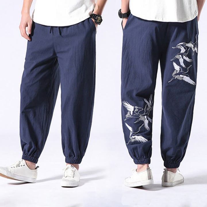 Pantalon sarouel pour homme avec cordon de serrage et poches, motif brodé de grue blanche et Buddha Stones - image 28