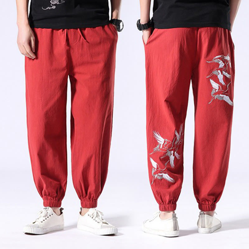 Pantalon sarouel pour homme avec cordon de serrage et poches, motif brodé de grue blanche et Buddha Stones - image 16