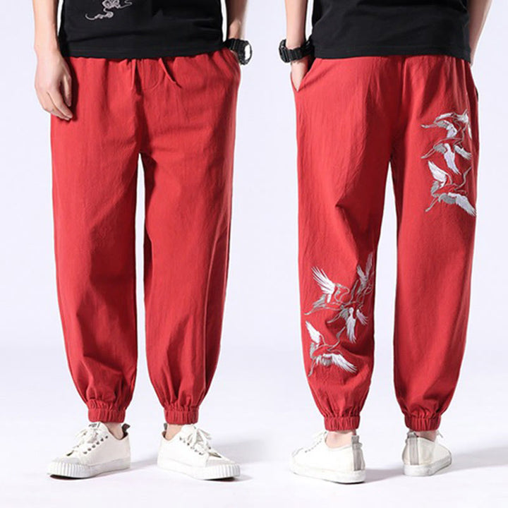 Pantalon sarouel pour homme avec cordon de serrage et poches, motif brodé de grue blanche et Buddha Stones - image 16