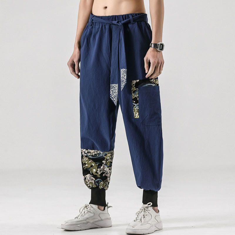 Pantalon harem pour homme à lacets avec poches, motif vagues de l'océan et Buddha Stones - image 35
