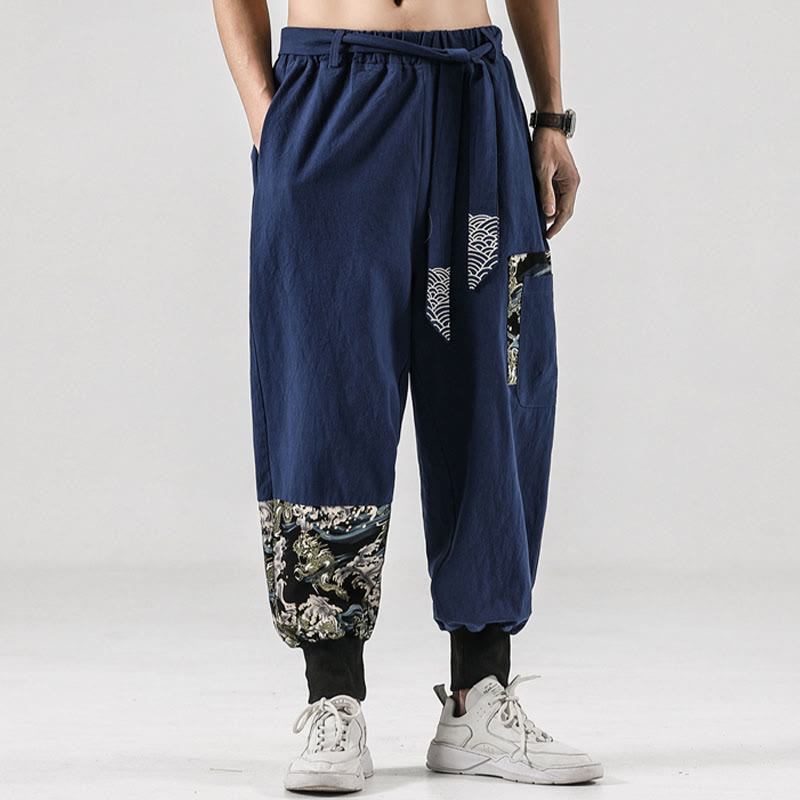 Pantalon sarouel à lacets en coton pour homme avec poches et motif vagues de l'océan et Buddha Stones - image 35