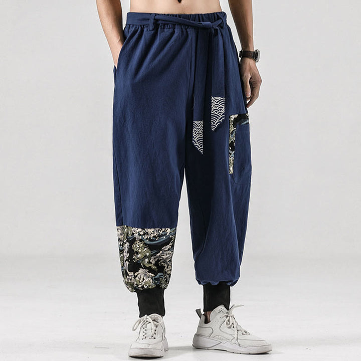 Pantalon sarouel à lacets en coton pour homme avec poches et motif vagues de l'océan et Buddha Stones - image 35