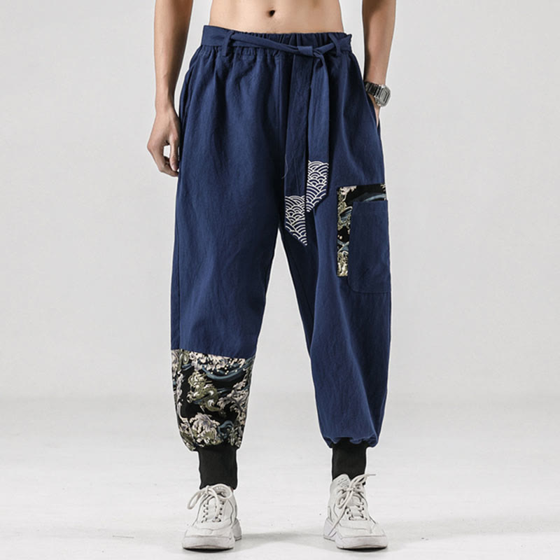 Pantalon sarouel à lacets en coton pour homme avec poches et motif vagues de l'océan et Buddha Stones - image 33