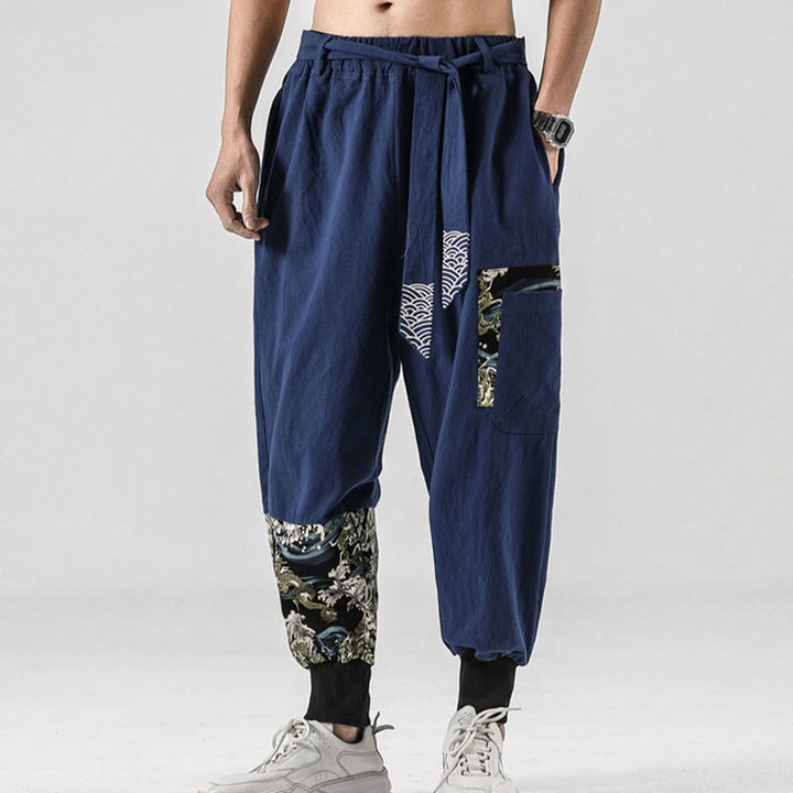 Pantalon sarouel à lacets en coton pour homme avec poches et motif vagues de l'océan et Buddha Stones - image 37