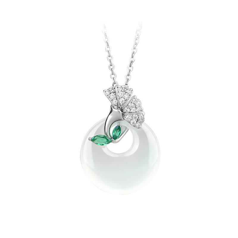 Buddha Stones Collier pendentif en calcédoine naturelle avec boucle de paix et feuille de ginkgo