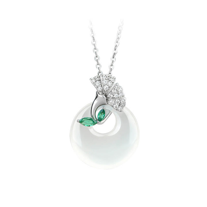 Buddha Stones Collier pendentif en calcédoine naturelle avec boucle de paix et feuille de ginkgo